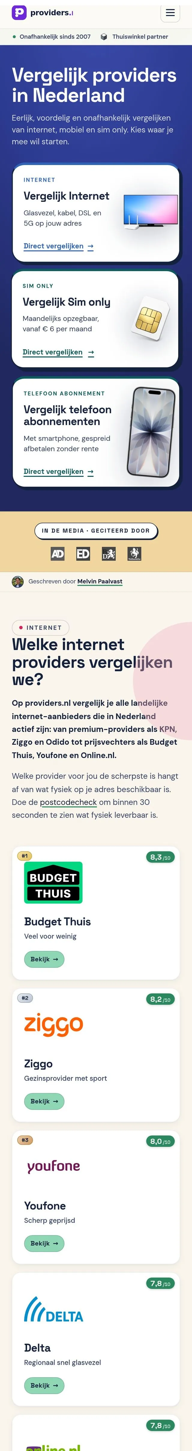 Schermweergave van Providers.nl
